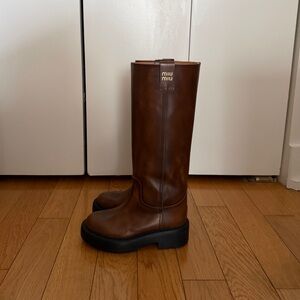 Miu Miu Tall Brown Leather Platform Boots